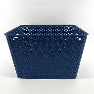 Navy Blue Plastic Woven Lattice Storage Bin with Handles 14x11.5x9 Organizer